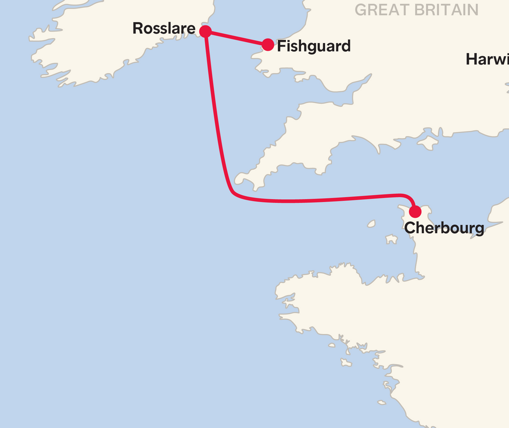 Stena Line Route Map Rosslare to Cherbourg