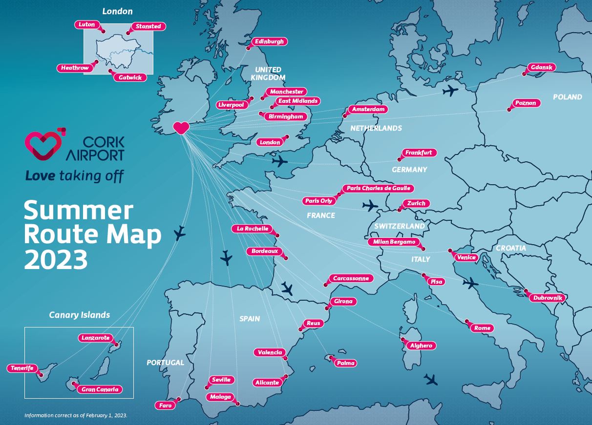 Cork airport summer 2023 route map